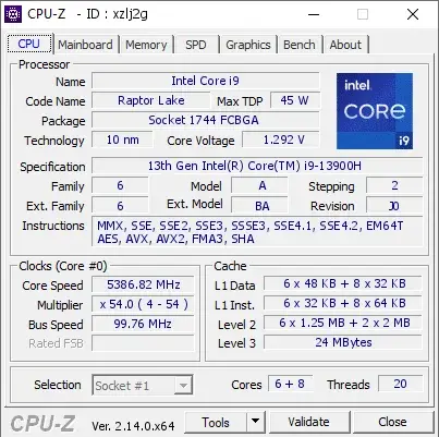 13th Gen Intel Core i9-13900H的CPU-Z跑分