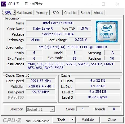 Intel Core i7-8550U CPU的CPU-Z跑分