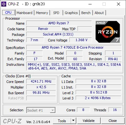 AMD Ryzen 7 4700LE的CPU-Z跑分
