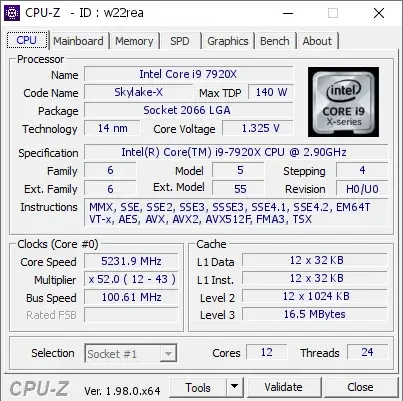 Intel Core i9-7920X的CPU-Z跑分