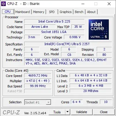 Intel Core Ultra 5 225T的CPU-Z跑分