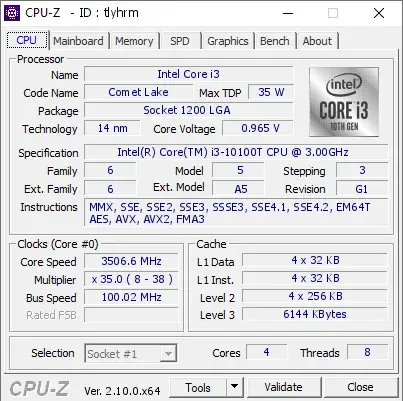 Intel Core i3-10100T的CPU-Z跑分