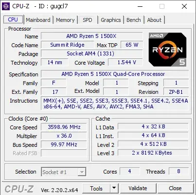 AMD Ryzen 5 1500X Quad-Core的CPU-Z跑分