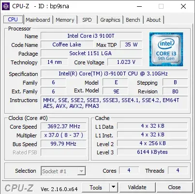Intel Core i3-9100T的CPU-Z跑分