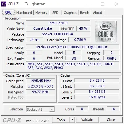 Intel Core i9-10885H CPU的CPU-Z跑分