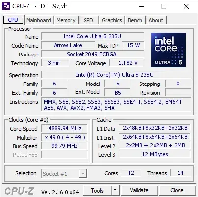 Intel Core Ultra 5 235U的CPU-Z跑分-剑客网- 第4张图片 Intel Core Ultra 5 235U的CPU-Z跑分-剑客网- 第4张图片