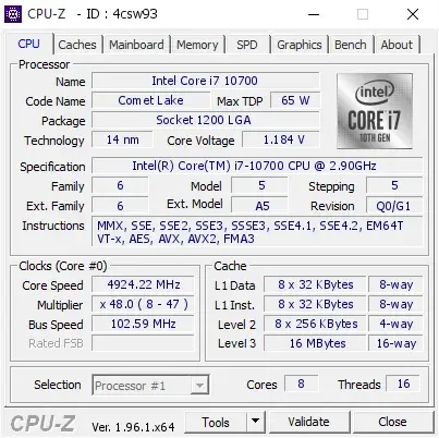 Intel Core i7-10700的CPU-Z跑分