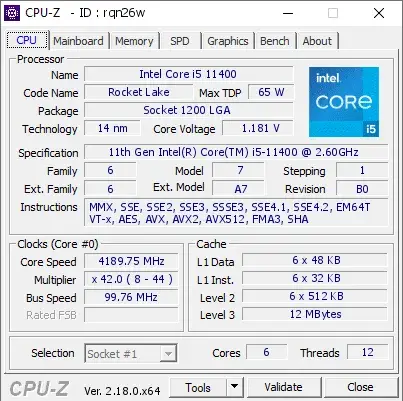 11th Gen Intel Core i5-11400的CPU-Z跑分