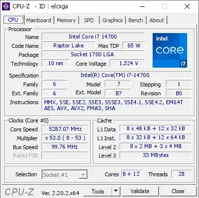Intel Core i7-14700的CPU-Z跑分
