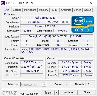 Intel Core i3-3240T的CPU-Z跑分