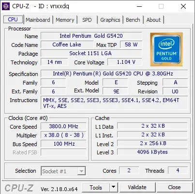 Intel Pentium Gold G5420 CPU的CPU-Z跑分