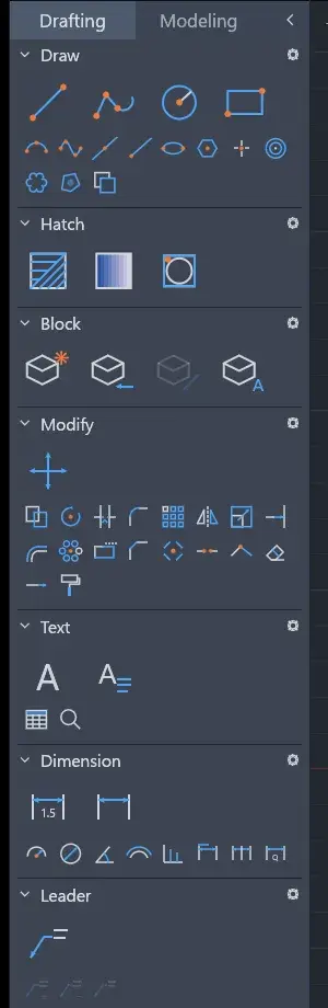 左侧工具面板:Draw、Hatch、Block、Modify、Text、Dimension、Leader 分组