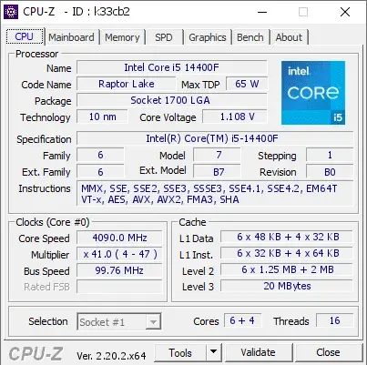 Intel Core i5-14400F的CPU-Z跑分