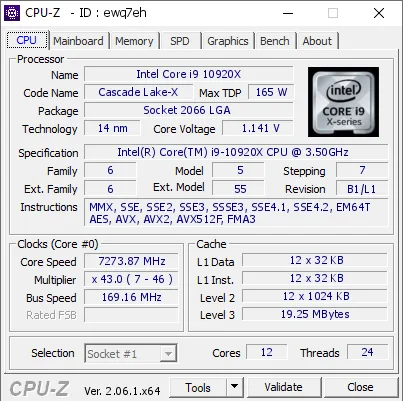 Intel Core i9-10920X的CPU-Z跑分