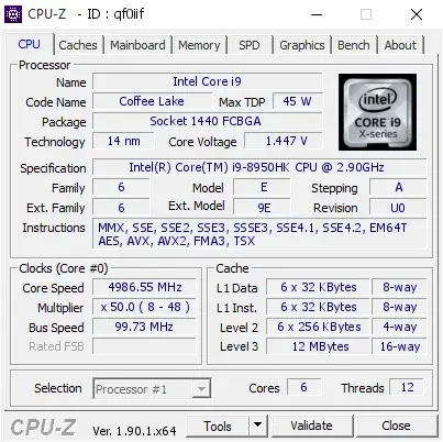 Intel Core i9-8950HK的CPU-Z跑分