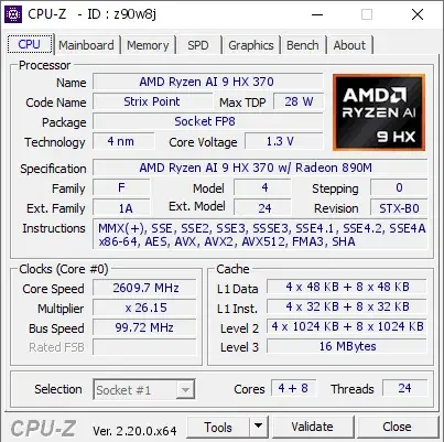 AMD Ryzen AI 9 HX 370的CPU-Z跑分