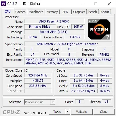 AMD Ryzen 7 2700X的CPU-Z跑分