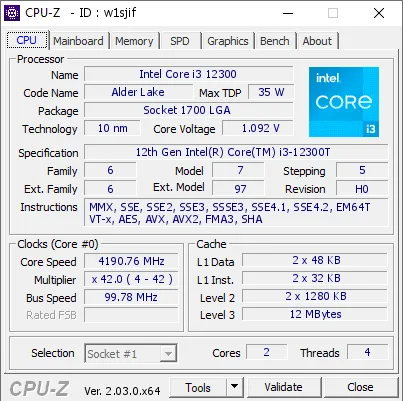 12th Gen Intel Core i3-12300T的CPU-Z跑分