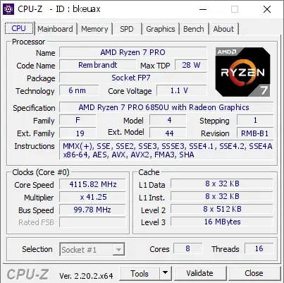 AMD Ryzen 7 PRO 6850U的CPU-Z跑分