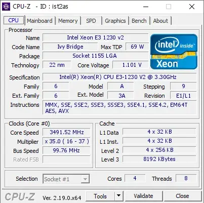 Intel Xeon E3-1230 V2的CPU-Z跑分