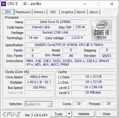 Intel Core i9-10900K CPU的CPU-Z跑分