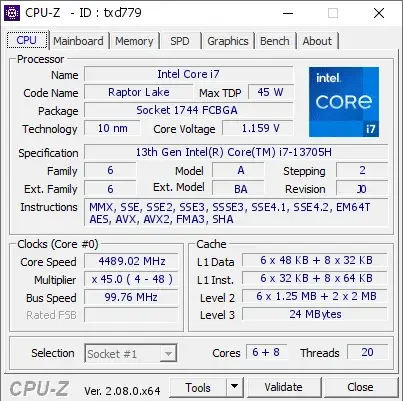 13th Gen Intel Core i7-13705H的CPU-Z跑分