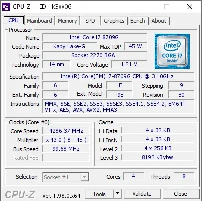 Intel Core i7-8709G的CPU-Z跑分