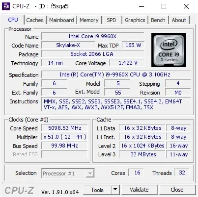 Intel Core i9-9960X的CPU-Z跑分