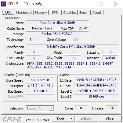 Intel Core Ultra 9 386H的CPU-Z跑分