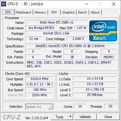 Intel Xeon E5-2680 v2的CPU-Z跑分
