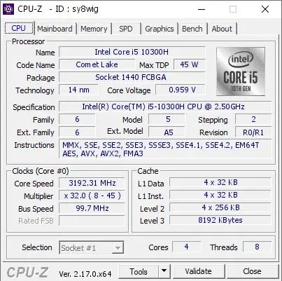 Intel Core i5-10300H CPU的CPU-Z跑分