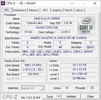 Intel Core i9-10910的CPU-Z跑分