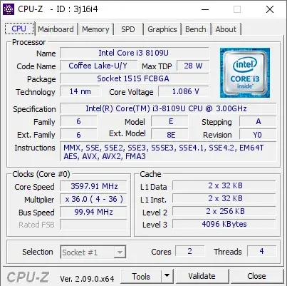 Intel Core i3-8109U的CPU-Z跑分