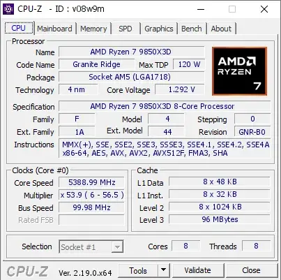 AMD Ryzen 7 9850X3D的CPU-Z跑分