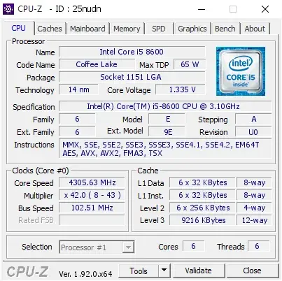Intel Core i5-8600的CPU-Z跑分