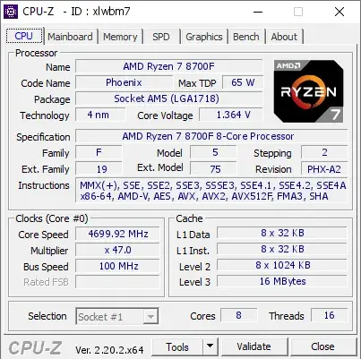 AMD Ryzen 7 8700F的CPU-Z跑分