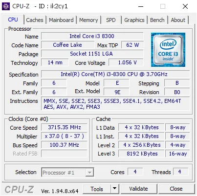 Intel Core i3-8300 CPU的CPU-Z跑分