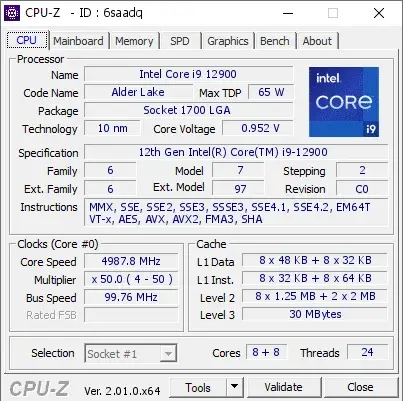 12th Gen Intel Core i9-12900的CPU-Z跑分