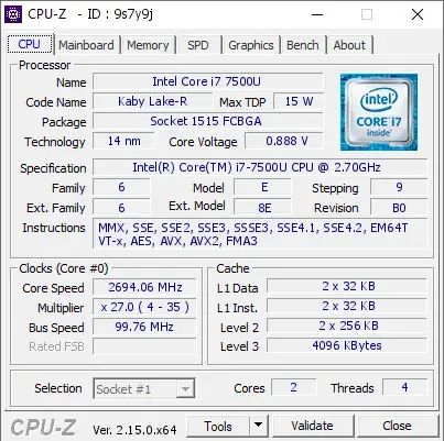 Intel Core i7-7500U CPU的CPU-Z跑分