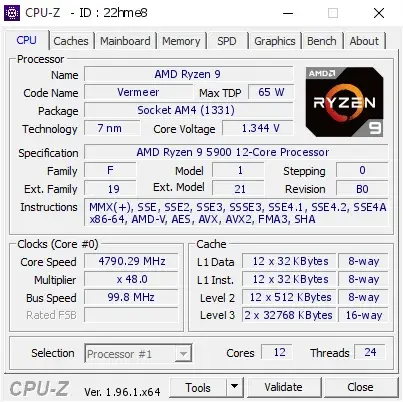 AMD Ryzen 9 5900的CPU-Z跑分