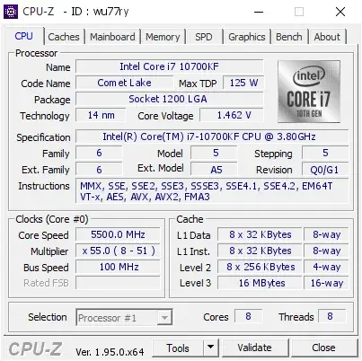 Intel Core i7-10700KF的CPU-Z跑分