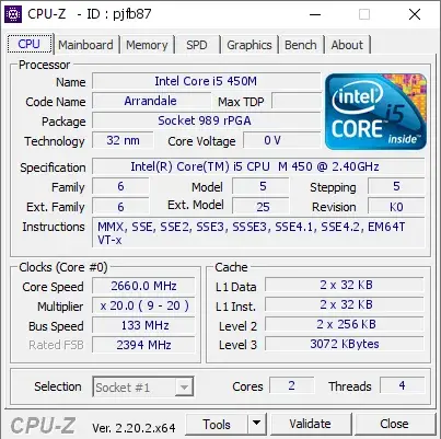 Intel Core i5 M 450的CPU-Z跑分