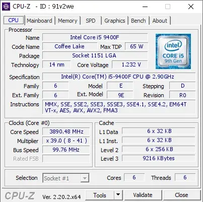 Intel Core i5-9400F CPU的CPU-Z跑分