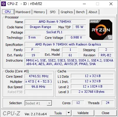 AMD Ryzen 9 7845HX的CPU-Z跑分