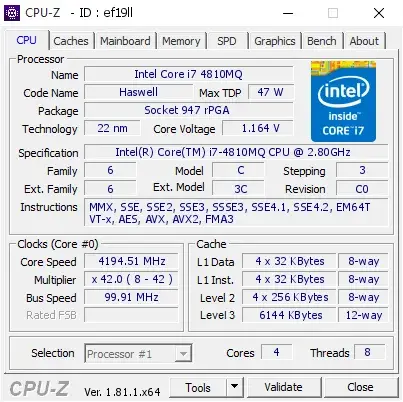Intel Core i7-4810MQ的CPU-Z跑分