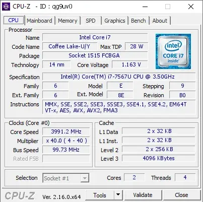 Intel Core i7-7567U的CPU-Z跑分