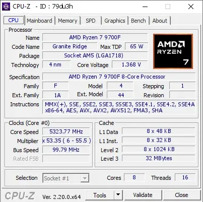 AMD Ryzen 7 9700F的CPU-Z跑分