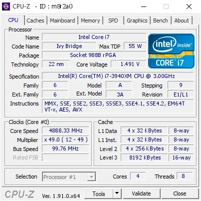Intel Core i7-3940XM的CPU-Z跑分