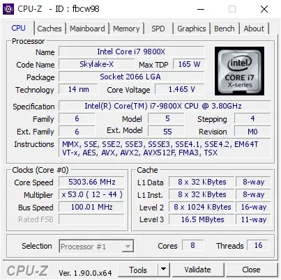 Intel Core i7-9800X的CPU-Z跑分