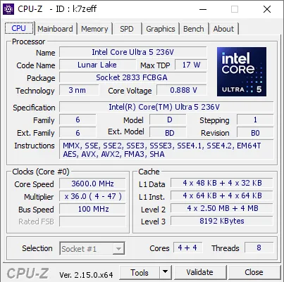 Intel Core Ultra 5 236V的CPU-Z跑分-剑客网- 第4张图片 Intel Core Ultra 5 236V的CPU-Z跑分-剑客网- 第4张图片